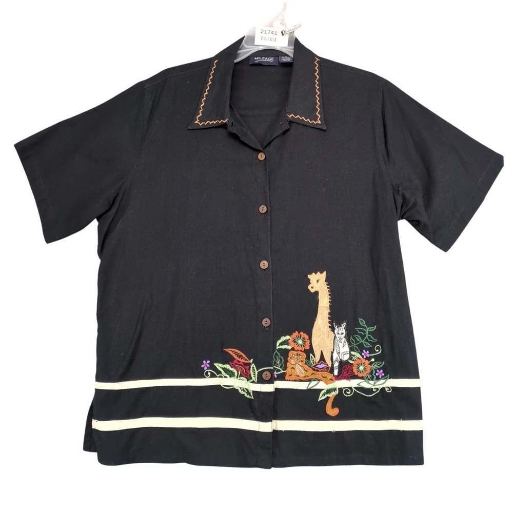 Vintage Mileage Embroidered Animals Black Linen Blend Blouse Womens Plus Size 1X